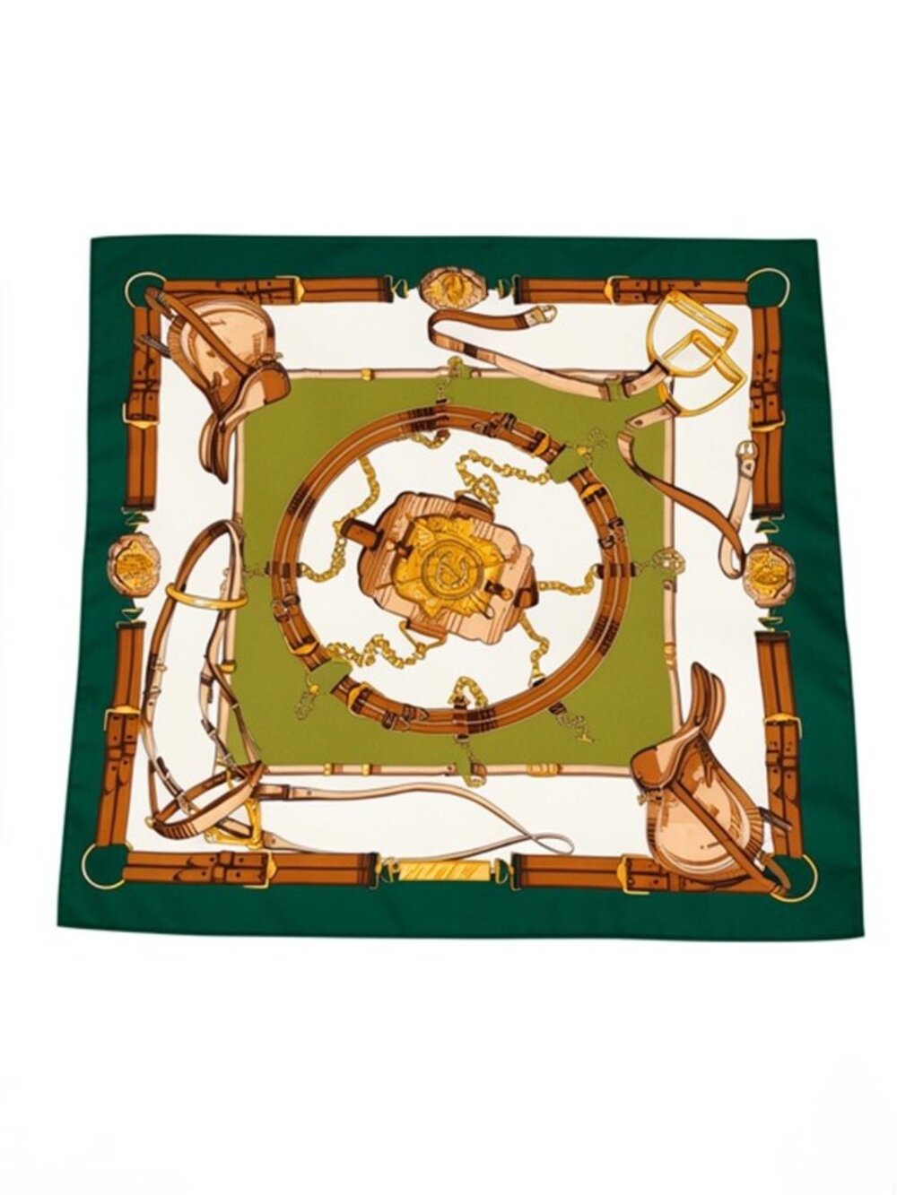 VINTAGE Equestrian Print Scarf Green Tan Gold Silk Feel Polyester 29”